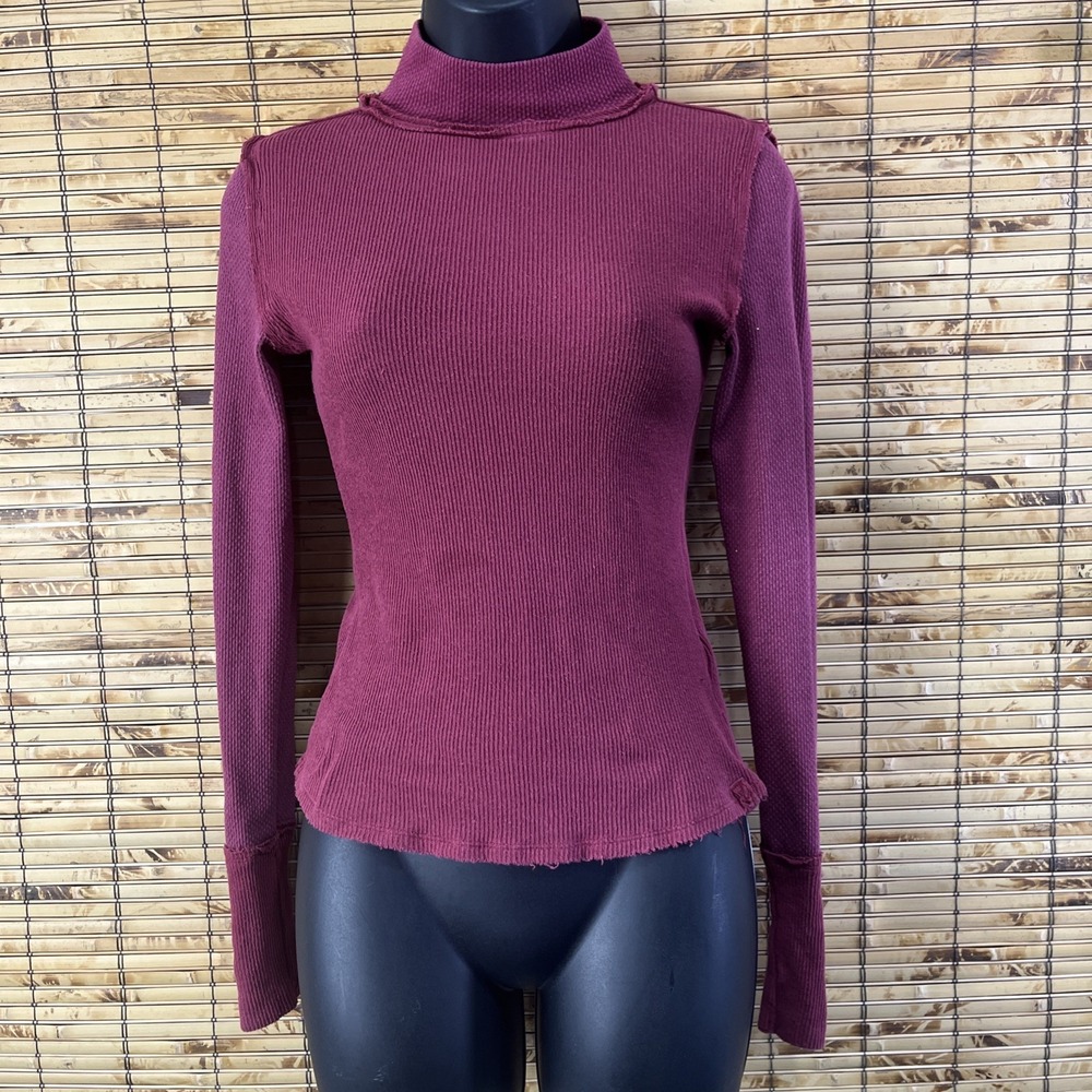 Free People Jojo Long Sleeve Top XS Burgundy Thermal Mock Neck  Exposed‎ Seam